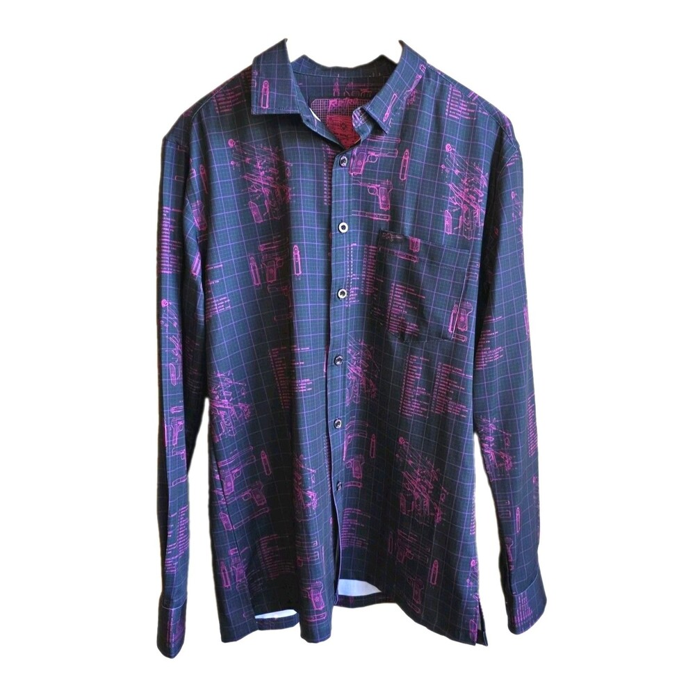 Retro Rifle Shirt Mens Medium Black Pink Button Up 7.62 MM Retro Blue Print